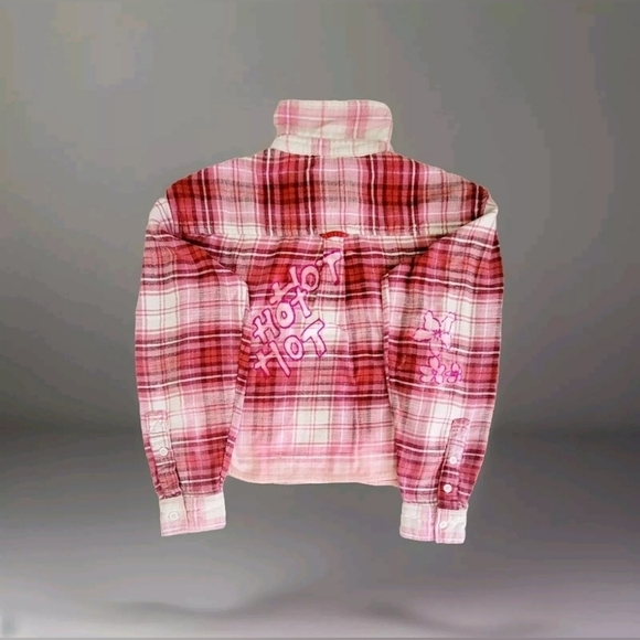 Women’s American Eagle Cropped Custom Bleached Plaid Flannel 100% Cotton Shirt S - Picture 1 of 8